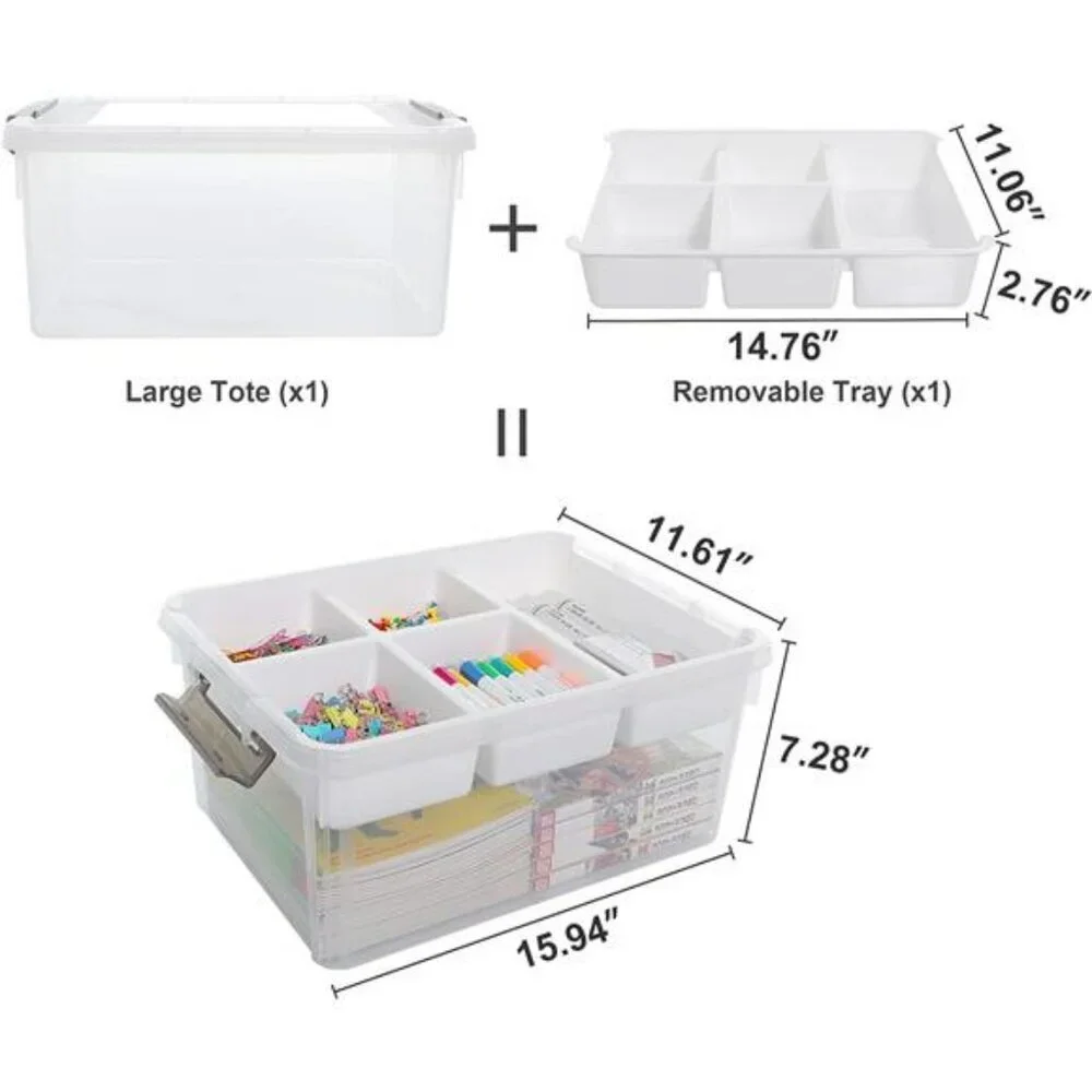 Large Plastic Storage Box with Removable Tray Organizer for Crafts Sewing Tools